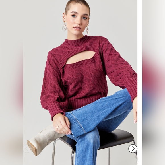 Francesca's Burgundy Corie Cable Cutout Swaeter - Picture 1 of 11